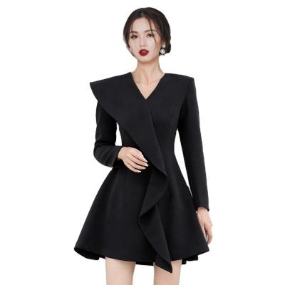 China Wholesale Anti-Static Sexy V-neck Ruffles Long Sheath Casual Workwear Jacket Ladies Mini Dress One Line Office for sale