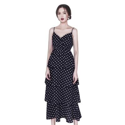 China Elegant Polka Dot Midi Dress Ladies Black Layer Strap V-Neck Party New Arrival Anti-Static Design Women's Dress for sale