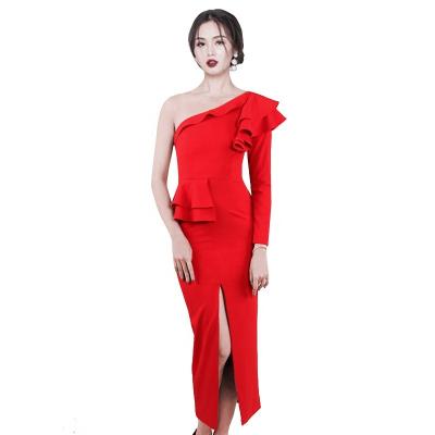 China 2020 Anti-Static Spring Ruffles Sexy Split Off-Shoulder Ladies Party Wedding Bandage Bodycon Dress for sale