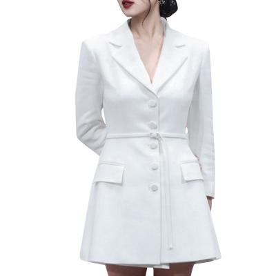 China 2019 Autumn Women Clothing Deep Spring Anti-Static Lapel V-neck Long Sleeve Office White Slim Dress for sale