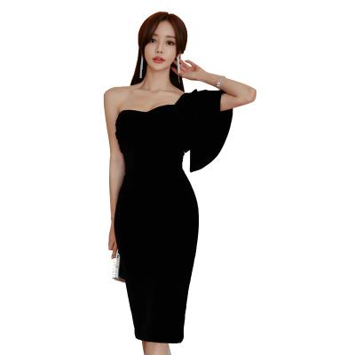 China Anti-Static Elegant Ladies Off The Shoulder Velvet Party Celebrity Bodycon Sexy Split Bandage Dress for sale