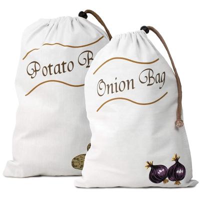 China Reusable Potato And Onion Sustainable Kitchen Cotton Storage Bag Set Drawstring Closure Bag Set Of 2 for sale