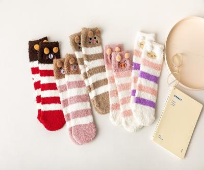 China Newspaper and home use wholesale fluff ears socks embroidered horizontal stripe half-fleece floor tube socks for sale