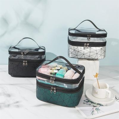 China Custom Made Leather Portable Waterproof Double Layer Square PU Double Layer Lozenge Storage Cosmetic Bag For Women for sale