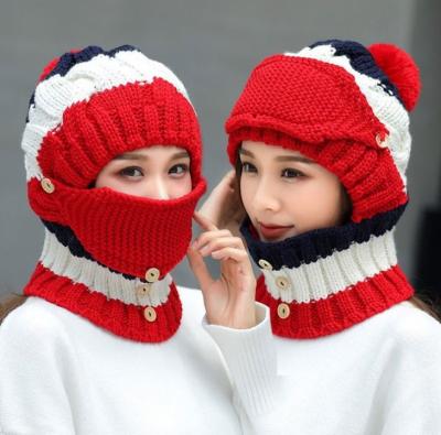 China COMMON Winter Beanie Hat And Scarf Mask Set For Women Thick Warm Slouchy Knit Fleece Striped Skull Hat Mouth 3 Piece for sale