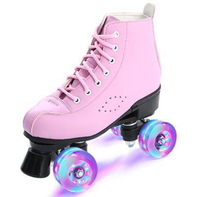 China Genuine Leather Leisure Indoor And Outdoor Skater Shoes Quad Two-Row Unisex Glitter Flashing Roller Skates 4 Wheel For Women Adults for sale