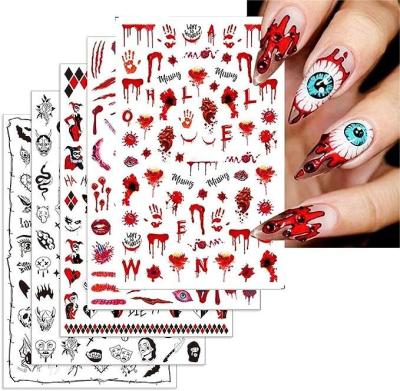 China Scary Halloween Nail Decals 3D Nail Art Gothic Blood Clown Snake Horror Decals Plastic Ghost Face Skull For Girls Women 5pieces for sale