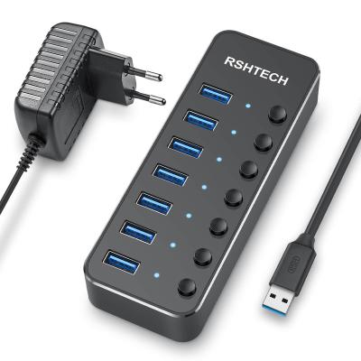 China Transfer Data RSHTECH Plug And Play USB Port Powered USB 3.0 Hub Power Splitter 5V/2A Power Adapter Switches On/Offs 7 Different For PC Macbook for sale