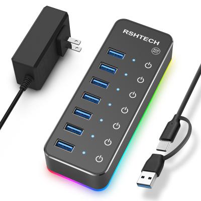 China RSHTECH Aluminum Powered Left Touch Button 14 Mode RGB LED Strip 20W USB 3.0 Individual RGB 7 Hub UL Certified Power Adapter USB Hub for sale