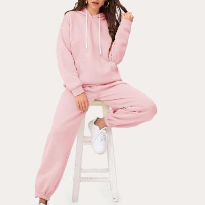 China 2021 New Design Women's Clothing Pink Breathable Drop Shoulder Pocket Drawstring Hoodie Sweatpants Tracksuit Sets for sale