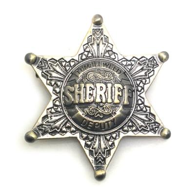 China Europe Cartoon SHERIFF'S ASSISTANT Vintage Hexagonal Star Prizes Pin Brooches Honor Badges Ornament Jewelry for Cowboy Adults Kids 48mm for sale