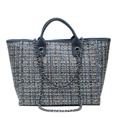 China New high quality handbag fashion shoulder bag large capacity simple long chain tweed Tote Bag for women for sale