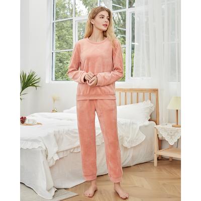 China New Arrival 2021 Thermal Coral Velvet Sleepwear Solid Women 2 Pieces Long Sleeve Soft Pajamas Set for sale