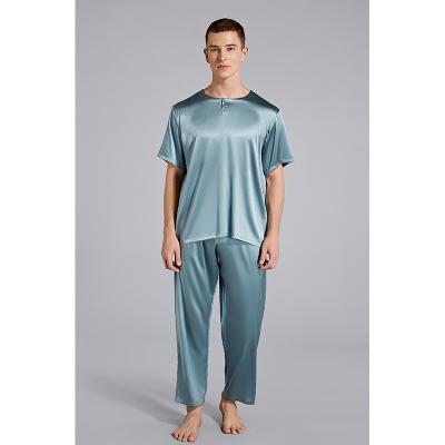 China Breathable High Quality Elastic Poly Satin Round Neck Mens Sleepwear Sets Solid Short Sleeve Pajamas for sale