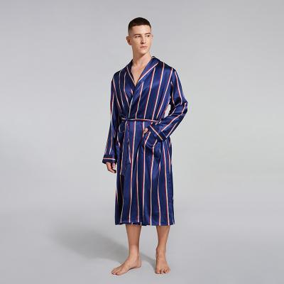 China Wholesale High Quality Breathable Silk Satin Dressing Gown Men's Kimono with Stripe Printing Long Robe for sale