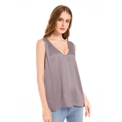 China OEM 2022 Spring V-Neck Summer Women High Quality Solid Top Tank Sleeveless Breathable Silk Blouse Female Shirts for sale