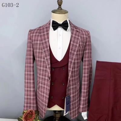 China Anti-Wrinkle OEM T/R Fabric Classic Burgundy Custom Window Pane Screened 3 Piece Vintage Suits Plaid Blazer For Men Wedding Formal Business for sale