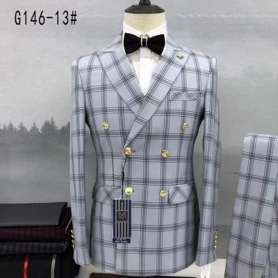 China Anti-Wrinkle Men's Double Breasted Plaid Suits Jacket Pants 2 Pcs Set 2023 Business Suits Slim Fit Dress Classic Formal Coat for sale