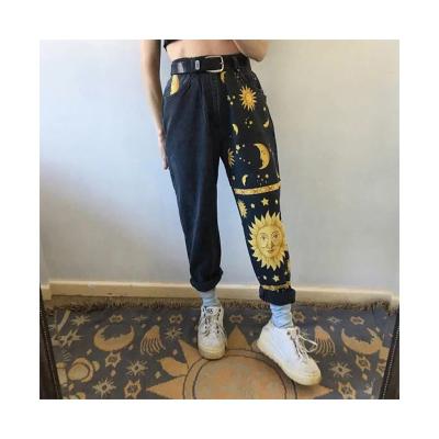 China Sustainable High Quality Wholesale Black Printed Straight Jeans Leisure Loose Pants And Women Trousers for sale