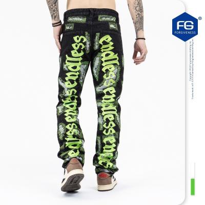 China QUICK DRY High Street Fashion English Embroidery Ripped Vintage Ripped Embroidery Ruined Mens Jeans for sale