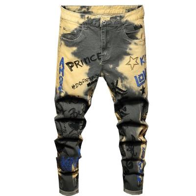 China Autumn/winter new fashion men's ripped cloth stretch letter embroidery small foot jeans yellow pants QUICK DRY for sale