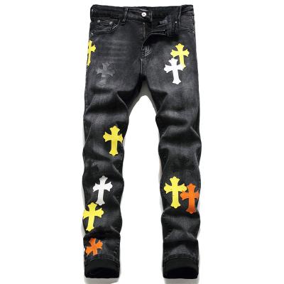 China New European and American cross medal embroidery straight men's small QUICK DRY micro elastic jeans stretch men's pants 3020 for sale