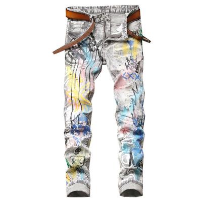 China Hand-painted men's pants retro small cylinder splatter-ink printing men's jeans graffiti elastic micro thin slim straight trend QUICK-DRY for sale