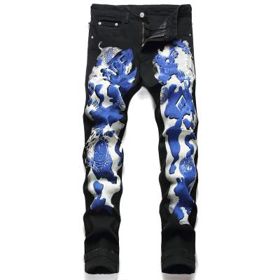 China QUICK DRY Black White Blue Black Thin Stretch Head 3D Printing Abstract European Express Street Fashion Jeans Men's Foreign Trade for sale