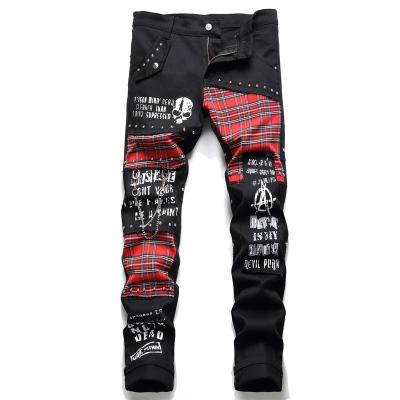 China QUICK DRY Stars with tight style men's street hip hop design personality nail stripe teen black color jeans for sale