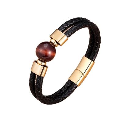 China Natural FASHIONABLE Leather Double Bracelet Around Tiger Eye Men's Bracelet Stainless Steel Jewelry for sale