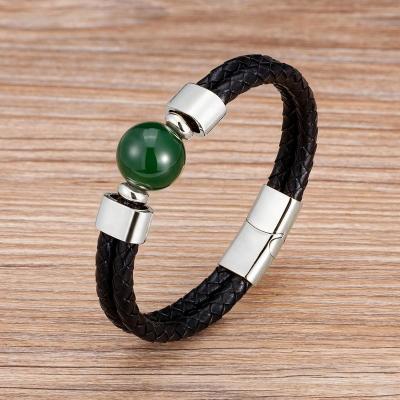 China FASHIONABLE Double Rope Natural Leather Bracelet Stone Couples Handmade Beaded Leather Bracelet for sale