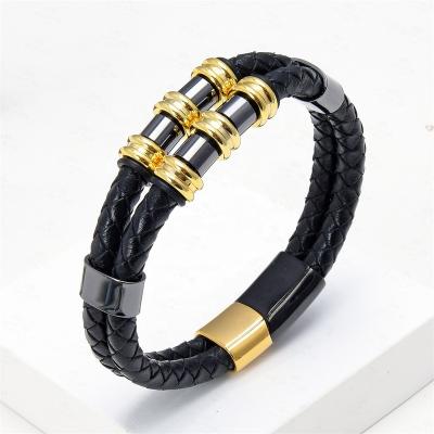 China TRENDY Simple Metal Stainless Steel Fashion Bracelet Leather Men's Punk Hand Braided Bracelet for sale