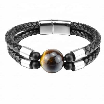 China FASHIONABLE personality punk design natural stone 16MM ball beaded bracelet leather men leather bracelet for sale