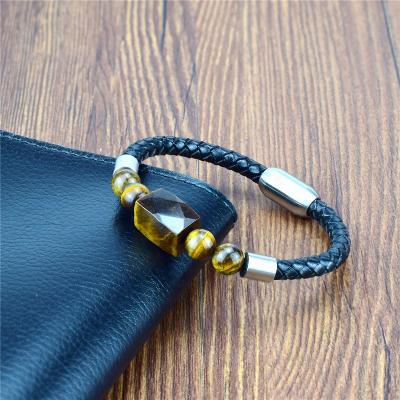 China Natural Stone Bracelet Lucky Stone Leather Fashionable punk new design men's beaded leather bracelet for sale