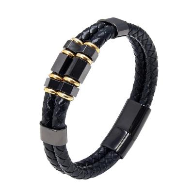 China FASHIONABLE Men Fashion Jewelry Stainless Steel Geometric Double Layer Bracelet Bangle Leather Bracelet for sale