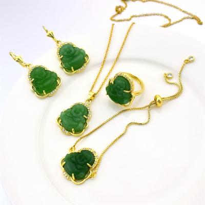 China Religious Necklace Ring Bracelet Jewelry Set of Jade Laughing Buddha Chain Fashion Earrings for sale