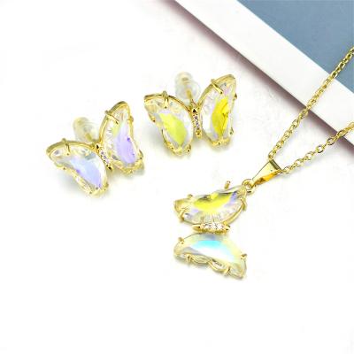 China Trendy Chain 24k Gold Stainless Steel Crystal Butterfly Shiny Earrings And Cubic Zircon Necklace Jewelry Sets For Women for sale