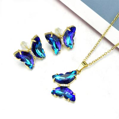 China Fashionable New Style Tasty Women Shape Crystal Butterfly Chain Necklace And 24k Gold Cubic Earrings Jewelry Pendant Set for sale