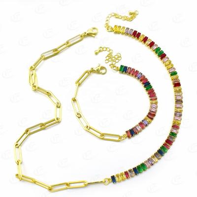 China Vintage Rainbow Zircon Set Wedding Chain Stainless Steel Jewelry Necklace Bracelet Jewelry Set For Women Gifts for sale