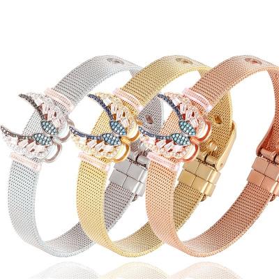 China Women's Other Gold Rose Gold Bracelet Jewelry Silver Stainless Steel Mesh Strap Bangle Wings Zircon for sale