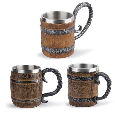 China Viking Wood Style Beer Drinking Mug Beer Barrel Simulation Viable Wooden Cup Double Wall for sale