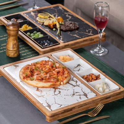 China Marble Restaurant Kitchen Household Western Food Steak Plate Divided Seasoning Serving Plates Bamboo Tray with Ceramic Plate for sale