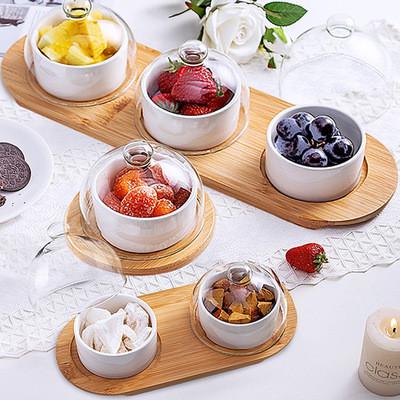 China Large salad dessert bowl Ceramic bread pudding cup Dessert plate with bamboo tray with glass lid for sale