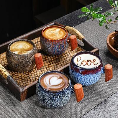 China Wholesale Creative Customized Logo Wide Coffee Cup Porcelain Ceramic Reusable Coffee Cups And Mugs Gift Set With Wooden  for sale