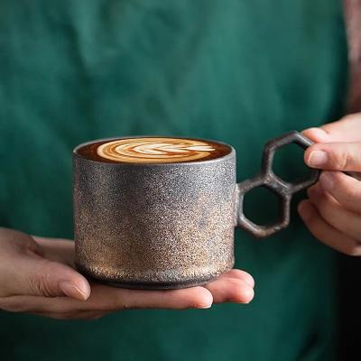 China 2023 New Creative Stackable Ceramic Coffee Cup with Geometric Ring Handle Ins Retro Water Mug Pottery Clay Cups for sale