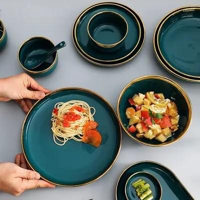 China Wholesale Nordic Dark Green Crokery Fine Bone China Tableware Porcelain Ceramics Plates Dinnerware Dinner Set for sale