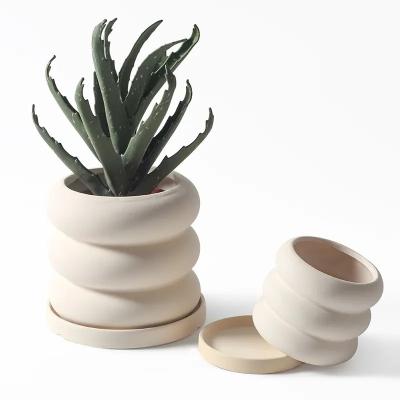 China Unglazed clay pots with tray DIY Korean succulent plant flower pots breathable ceramic bonsai pot for sale