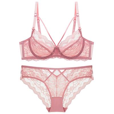 China 2021 Hot Sale QUICK DRY Women Push Up High Support Gather Two Piece Breathable Removable Wire Free Transparent Young Girls Lace Up Bra Set for sale