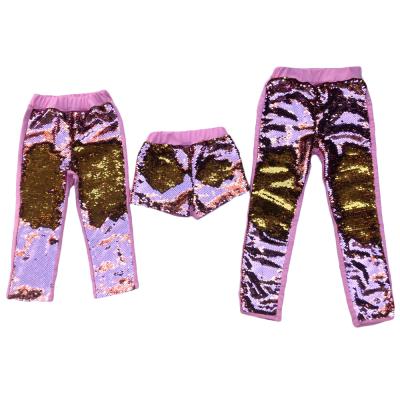 China Fashion Mardi Gras Viable Mommy and Me Unisex Sequin Gold Sequin Pants Pink Reversible Color Double Breasted Pants for sale