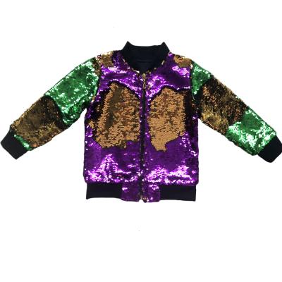 China Breathable Wholesale Posh Design Custom Fall Girl Mardi Gras Zipper Coats Reversible Purple Gold Sequin Green Bomber Jacket For Girls for sale